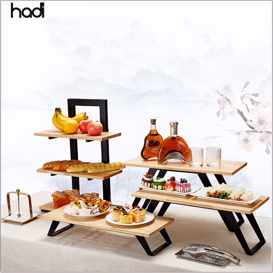 Presentación de comida, equipo de exhibición de Buffet, juego de té de pastel decorativo dorado para la tarde, bandeja de servicio de madera de lujo con soporte